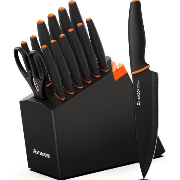 Knife Set, Astercook 15 Pcs Dishwasher Safe Kitchen Knife Set with Built-in