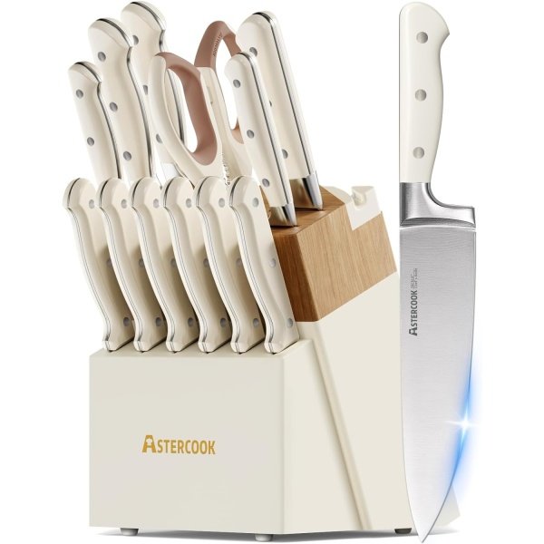Knife Set,Astercook Kitchen Knife Set with Block 14-Piece Full Tang Stainless