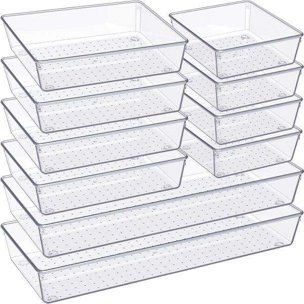 Criusia Drawer Organizer, 10 Pack Large Clear Plast Set, 3 Size Versatile