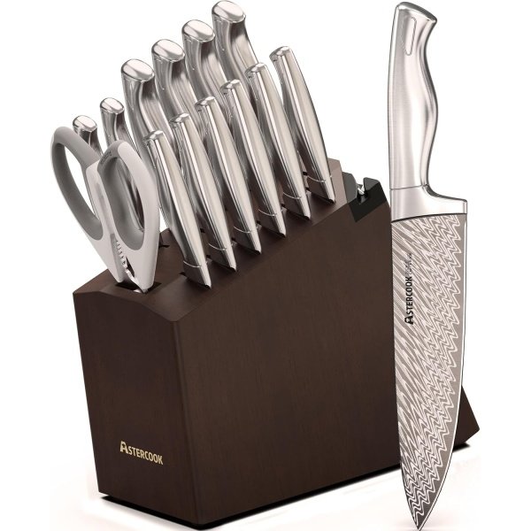 Knife Set, Astercook 15 Pcs Knife Sets for Kitchen with Block, Dishwasher Safe