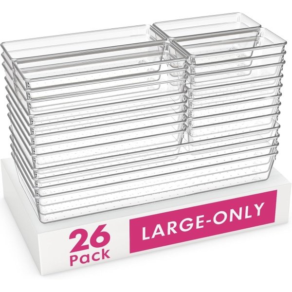 Criusia 26 Pack Large Clear Plastic Drawer Organizer Bins -5 Size Heavy Duty