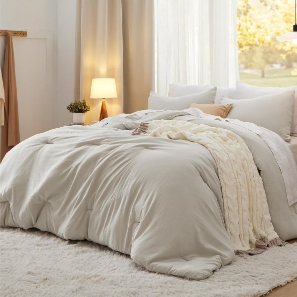 Bedsure King Size Comforter Set, Beige Soft Prewashed Bedding for All Seasons, 3