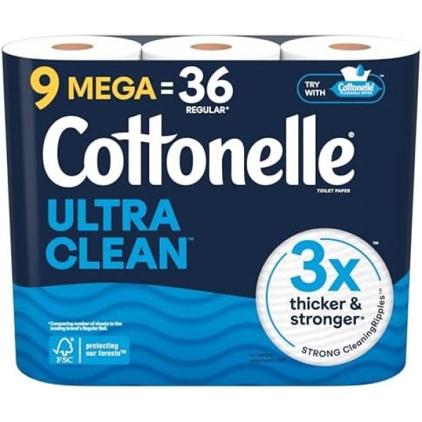 Cottonelle Ultra Clean Toilet Paper, 9 Mega Rolls = 36 Regular Rolls, Packaging