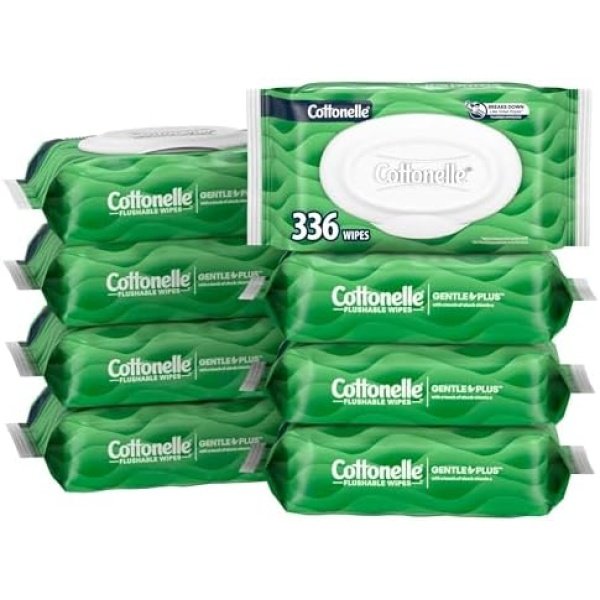 Cottonelle GentlePlus Flushable Wet Wipes with Aloe & Vitamin E, 8 Flip-Top Pack